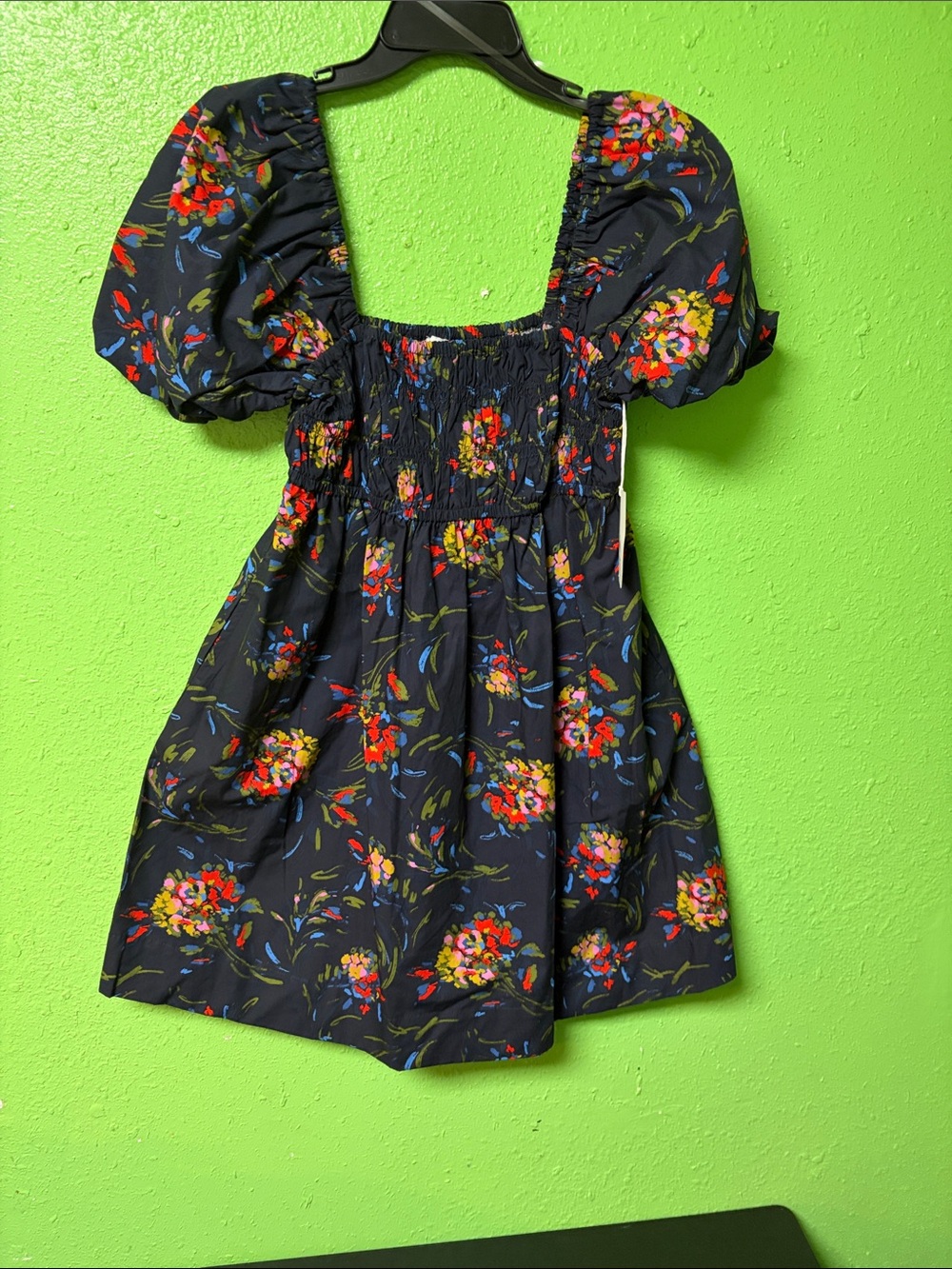 Navy Floral Puff-Sleeve Smocked Casual Dress